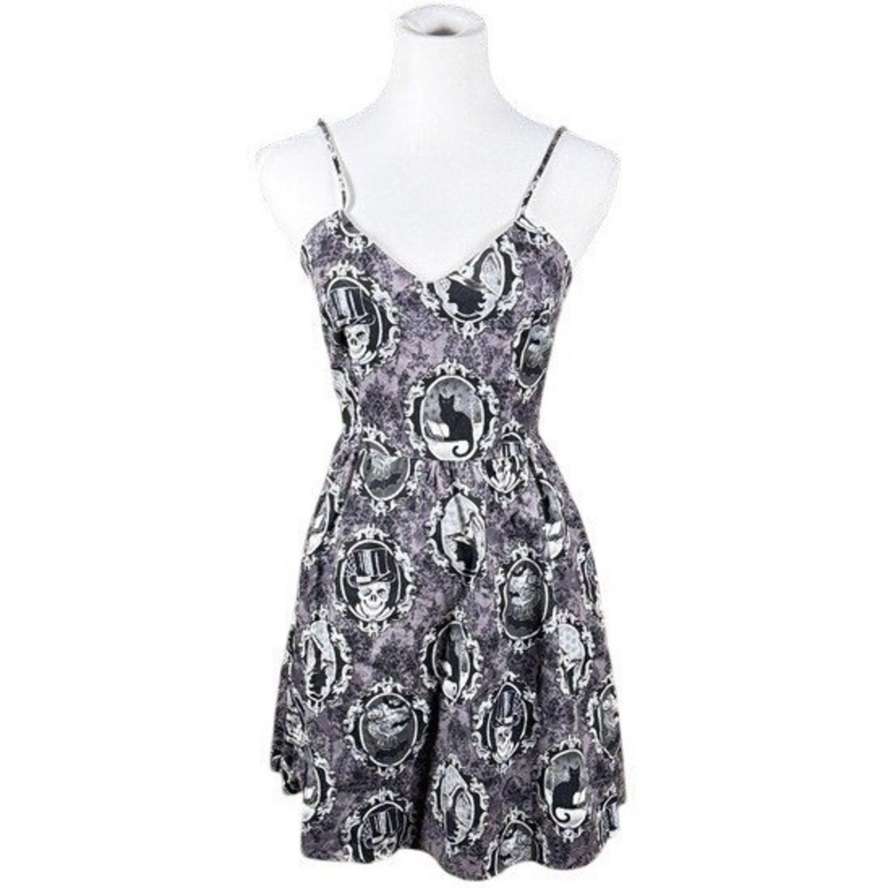 Retrolicious Haunted Portrait Gothic Skulls Cats Cotton Dress Purple Womens S